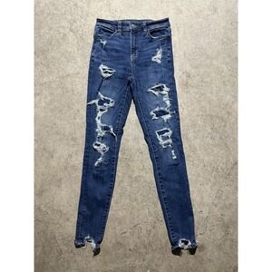 American Eagle Womens Size 0 Low Rise Stretch Distressed Denim Jeggings Blue